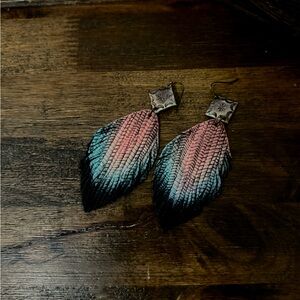 Pink and Blue Feather Earrings